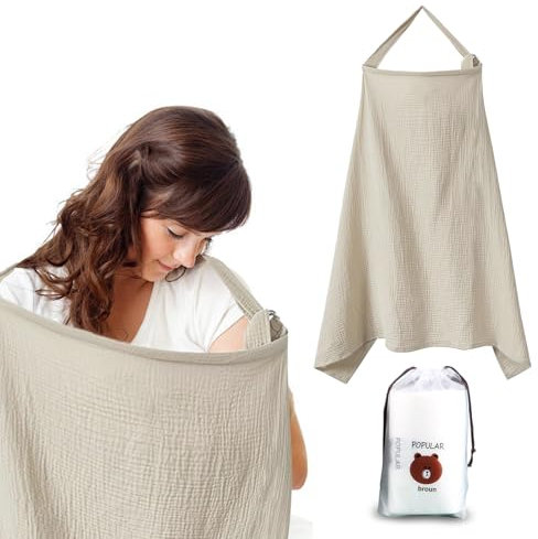 Stilltuch für Unterwegs Breastfeeding Cover Stilltuch 71 * 95cm Stillschal für Unterwegs Nursing Cover Aus Reiner Baumwolle,Privatsphäre Schützen Ringen Sie 1 Aufbewahrungstasche mit(Hellbraun)