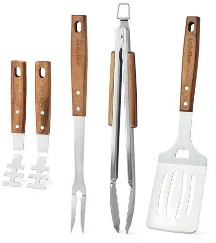 onlyfire 5-Teiliges Edelstahl Grillbesteck Set, Enthält Grillzange, Grillwender, Fleischgabel und 2 Grillrostheber, Grillzubehör mit Extra-Langen Holzgriffen & Aufhänge-Ösen, BBQ Geschenkset