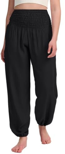 Hanyomo Damen Yoga Haremshose Hohe Taille Mit Tasche Fitness Hose Baumwolle Lockere Workout Jogginghose Schwarz M