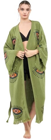 esma cim ec peştemalcim Green Evil Eye Pattern, Turkish Kimono Robe, Fringes Muslin Kimono, Evil Eye Cotton Robe, Cotton Kaftan Robe