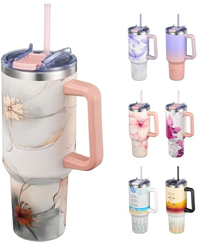 THILY Isolerad resemugg i rostfritt stål 1 30 ml vattenbehållare med handtag, kaffemugg med lock och sugrör, kopphållarvänlig, diskmaskinssäker, för utomhusbruk, camping, gyllene blomster viskningar