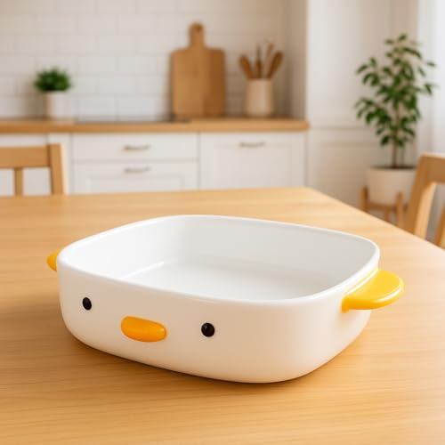 TULANDOT Linda fuente de horno en forma de pato de cerámica, molde de porcelana blanca, 22,8 x 22,8 cm, cazuela grande con asas, utensilios de horno y duraderos