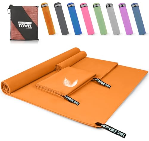Pfloge® Serviette Microfibre Lot de 3, 180x80cm Serviette Sport Musculation + 2 Petites 80x40cm Serviette Voyage, Séchage Rapide, pour Le Fitness, Piscine, Sauna, Plage, Voyages(Orange)