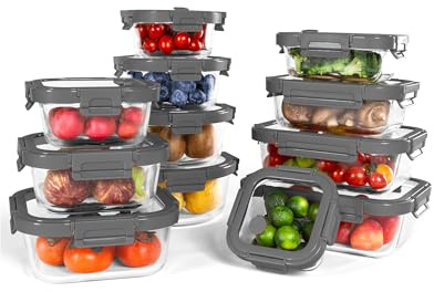 BOROHOUSE 12-Pack Glass Containers with Tempered Lids – Borosilicate, Oven-Safe(-4°F~950°F), Airtight, BPA-Free, Multi-Size for Meal Prep, Dishwasher Safe (Gray)