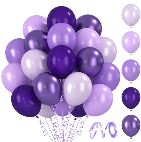 BlooMoo 60 st lila ballonger, 30 cm (12 tum) mörklila och ljusa latexballonger, metalliska ballonger, för födelsedag, bröllop, festdekoration