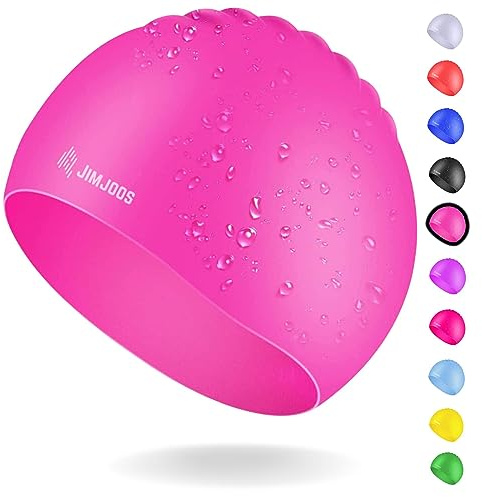 JIMJOOS Kids Swimming Cap 3–14 Years - Silicone Swim Cap for Boys & Girls - Anti-Slip, Stretchable, Waterproof Swimming Hat - Durable, Odour-Free Swim Hat with Protective Pouch (PINK, 9-14 Years)