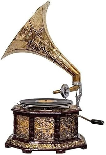 Réplica de gramófono decorativo vintage estilo antiguo, ideal para decoración del hogar (madera y latón, 78 RPM, disco de demostración incluido)