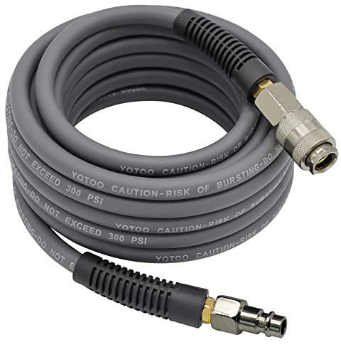 YOTOO Hybrid Air Hose 15m Long 6.5mm ID X 12mm OD 300 PSI with Bend Restrictors, 1/4-Inch Europe Steel Quick Coupler and Plug, Gray