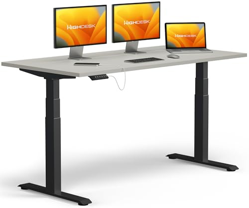 KRIEG HighDesk PRO Höhenverstellbarer Schreibtisch 140 x 80 cm I Schwarz + Grau - Elektrischer Sitz- & Stehtisch mit Tischplatte - Stehschreibtisch Elektrisch Höhenverstellbar