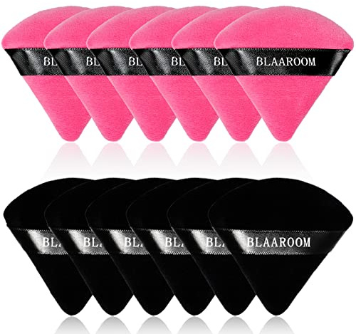 12 Pieces Velour Pure Cotton Powder Puff Face Makeup Triangle Powder Puffs for Loose Powder Wet Dry Cosmetic Foundation Beauty Sponge Makeup Tools -Black Rose Red