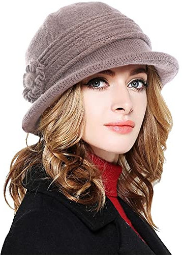Yutdeng Beanie Damen mit Schirm Frauen Winter Strickmütze Warm Gestrickt Bucket Hüte Elegant Fischerhut Dicke Crochet Mütze mit Visor Mode Beanie Cap Weich,Khaki,One Size