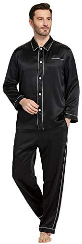 LilySilk Herren Seide Pyjama Set Reine Seide Nachtwäsche mit Langarm Bluse und Hose Pj Set Luxus Loungewear Schwarz Blau Weiß Rot Nachtwäsche für die ganze Saison(Schwarz,XL)