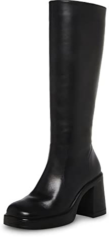 SOVANYOU Black Leather Boots Platform Knee High Boots for Women Chunky Block Heeled Boots Square Toe Go-Go Boot High Heel Tall Boots Side Zip