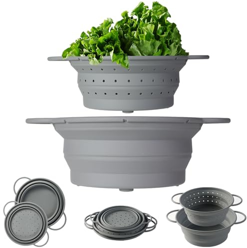 Fällbart durkslag i silikon, 20 cm matsil och 23 cm blandningsskål 2 st, frukt, grönsaker och pastasil, hopfällbara skålar för camping, RV Essentials diskmaskinssäker BPA-fri