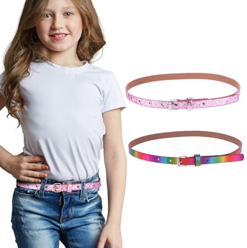 Amaxiu 2er Pack dünner Gürtel für Mädchen, Glitzergürtel niedlicher glänzender PU Ledergürtel verstellbarer Taillengürtel für Jeans Kleid(rosa+farbe)