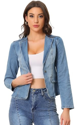 Allegra K Veste en jean pour femmes à col à revers blazer en jean à 1 bouton à manches longues Bleu clair S