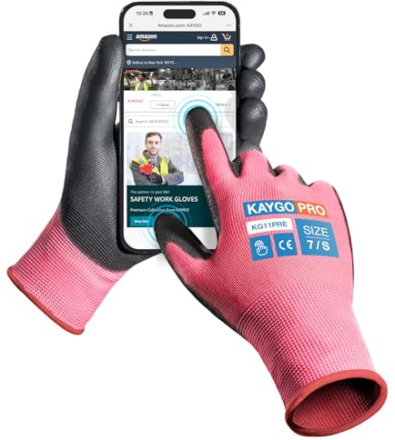 KAYGO 12 par pekskärmsarbetshandskar för män och kvinnor, PU-belagda skyddshandskar, halkfritt grepp på handflator och fingrar, lämpliga för allmänt arbete (Rosa, S, storlek 7)