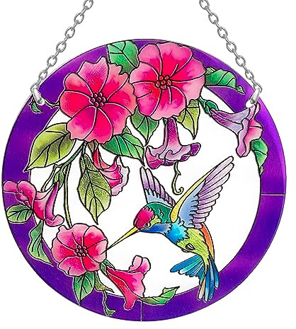 Stained Glass Window Hanging, Hummingbird Gifts for Women, Bird and Flowers Suncatcher for Window, 6 Purple Sun Catchers, Hand Painted Glass for Birds Lover (6 inch)