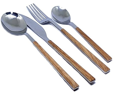 BestWayDigital Set di posate da 16 pezzi con venature del legno, stoviglie, acciaio inox e manico in ABS – BWD