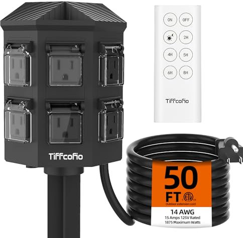 TiFFCOFiO - Effekttimer för utomhusbruk, 50 ft förlängningskabel, vattentät, fjärrkontroll, skymning till gryning ljussensor, 6 uttag för luftdekoration