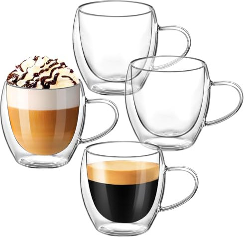 Osrioal Lot de 4 tasses à café en verre transparent avec poignée, résistantes à la chaleur, tasses en verre à double paroi pour cappuccino, thé, lait, latte, jus (250 ml)