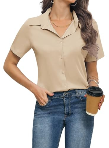 Zeagoo Camicetta da Donna Camicia Elegante a Maniche Corte Blusa con Scollo a V Camicetta Elegante Top con Bottoni Camicie Casual S-XXL