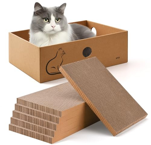AUSCAT Cat Scratcher Box with 6PCS Cat Scratching Board, Cardboard Cat Scratchers for Indoor Cats, Reversible Cat Scratch Pads for Small Medium Kittens, 14.6 L x 10.9 W x 5.2 H
