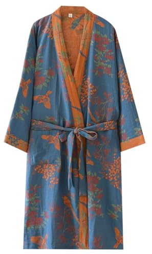 Cotton Double Gauze Traditional Hanfu Midi-length Nightdress Printing Tie-belt Bathrobe Loose Pajamas Comfortable Nightgown Sweat Steaming Yukata Sauna Suit Sleepwear Kimono for Women Large(Blue Bird)