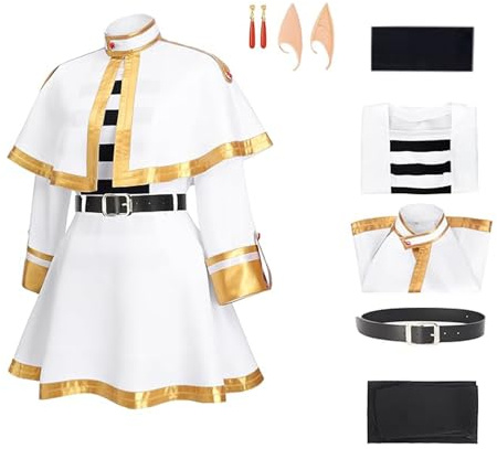 Costume de Cosplay pour Femme Anime Frieren, Ensemble Complet Cape Blanche, Jupe avec collants, Ceinture, Foulard, Oreilles d'elfe, Clip d'oreille, pour Halloween Fêté Carnaval Thème Cosplay Robe(M)