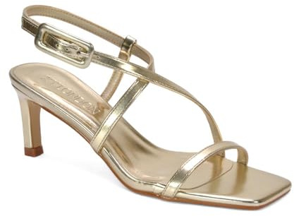 ESSEX GLAM Women's Low Stiletto Heel Sandals Ladies Square Toe With Adjustable Strap Gold Metallic Shoes Size 4