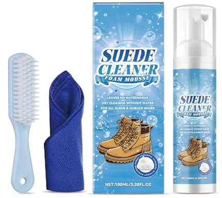 jiingekk Kit professionale in schiuma scamosciata, 100 ml, con spazzola e panno, ripristina scarpe, borse per stivali, giacche, borse, camosci, kit di pulizia per borse