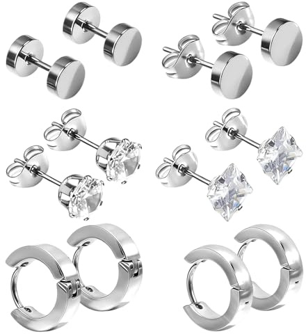 kodivenj 6 Pairs Men's Stainless Steel Earrings Studs, Stainless Steel Hypoallergenic Ear Piercing Sliver Hoop Earrings for Men Women, Barbell, Ear Hoops for Men & Boys in Sliver