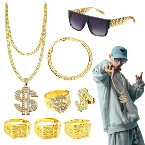 9 Pezzi Costume da Hip Hop, Set Accessori Hip Hop Anni '80 '90, Accessori con Catena d'oro da Uomo, Costume da Rapper, Collana Dollaro & Ring, Occhiali da Sole Dollari, per Carnevale, Halloween