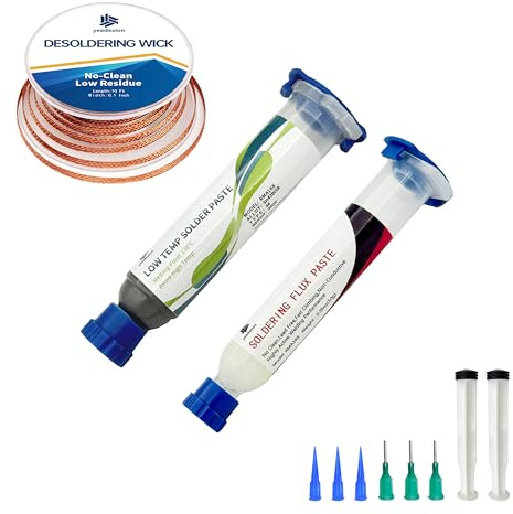 Sn42/Bi58 Lead Free Solder Paste (30g) & No Clean Soldering Flux(10cc) & Soler Wick for Electronic Soldering, SMD/SMT Remove