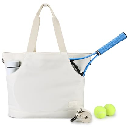 Kasgo Sac de Tennis, Grand Sac a Main Bandoulière Fourre Tout 21,4L Multi-Poches Léger Résistant à l'eau Cabas Femme avec Porte-Bouteille et Bandoulière Amovible pour Gymnase Sport Voyage Blanc