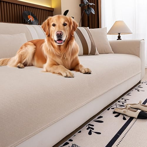 Genérico Funda Sofa 3 Plazas Jarapas para Sofas Impermeable Funda Asiento Sofa Chenilla 1/2/3/4 plazas Cubresofa Antideslizante Lavable A MáQuina Apto para Todas Las Estaciones(Beige,90x180cm)