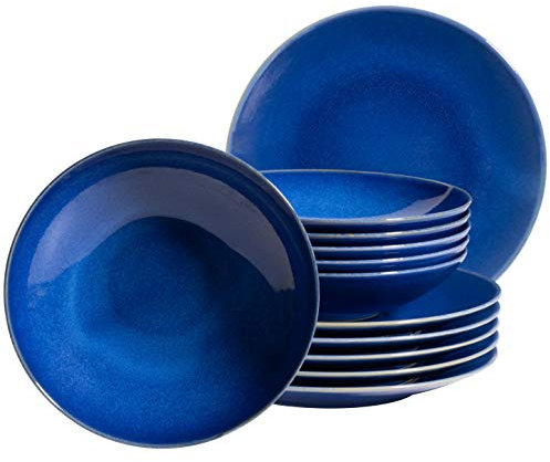 MÄSER 931733 Ossia, Teller-Set für 6 Personen im mediterranen Vintage-Look, 12-teiliges modernes Tafelservice mit Suppentellern und Speisetellern in Dunkelblau, Keramik