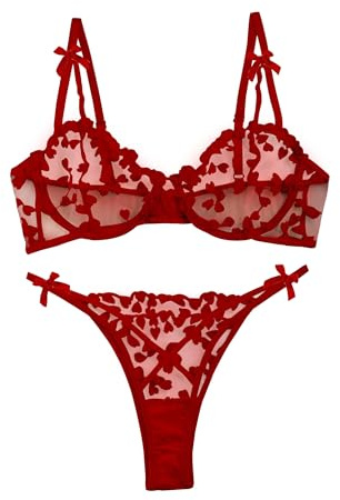 Lilosy Sexy Cute Underwire Push Up Strappy Heart Embroidered Mesh Sheer Lingerie Set for Women Bachelorette See Through Bra and Panty 2 Piece Bow Red Medium