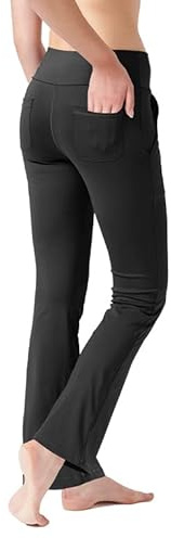 LaiEr Pantalones de Yoga para Mujer con 4 Bolsillos, Pantalones de Trabajo de Cintura Alta en 4 direcciones, Pantalones Largos Acampanados con Control de Abdomen, Negro,M