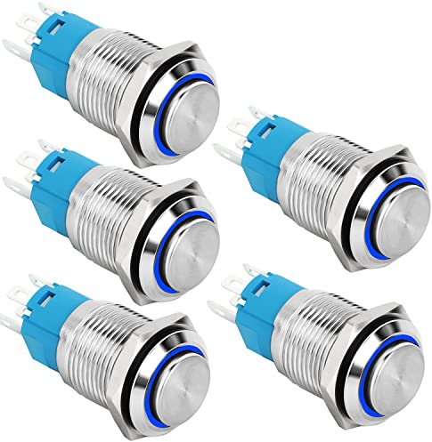 RUNCCI-YUN 5 Pezzi Interruttore Momentaneo in Metallo 16mm, 12-24 V Impermeabile DIY Rotondo ON OFF per Auto Campanello con Luce LED ad Anello Blu (Testa Alta)
