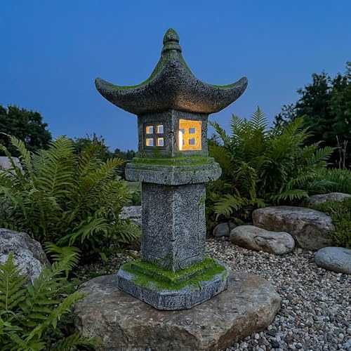 Solar Pagoda Lantern Statue Moss Covered 31.5”H LED Japanese Zen Decor