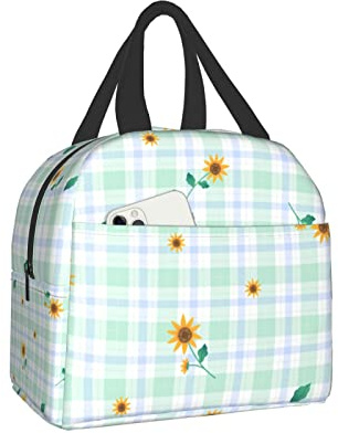 XVBCDFG Lindo girasol verde amarillo en la caja de almuerzo a cuadros verdes Caja Bento Cajas de almuerzo aisladas Bolsa de almuerzo impermeable reutilizable