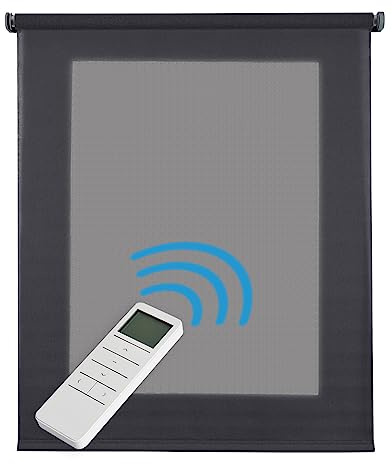 Motorisiertes Rollo, lichtdurchlässig, transparent, mit Motor und Fernbedienung, Textiloptik, automatisch, elektrisch, mit Batterie, Fenster und Türen, STORESDECO Grau, 120 x 250 cm