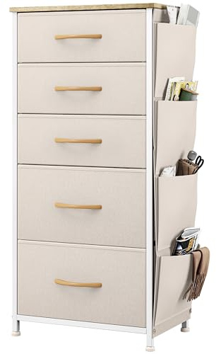 YITAHOME Commode avec Poches latérales et Crochets, Commode à 5 Tiroirs en Tissu Meuble de Rangement avec Dessus en Bois pour Chambre à Coucher, Salon, Chambre d'enfant, Beige