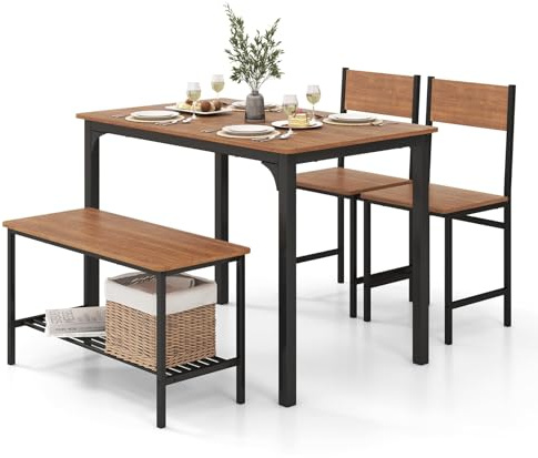 RELAX4LIFE Set Tavolo e Sedie da Cucina con Tavolo da P ranzo, Panca e 2 Sedie, 4 Posti, in Design Industriale gruppo sedute con Ripiano in MDF e Struttura in Metallo (marrone)