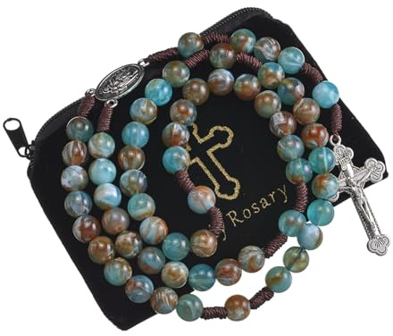 Catholic Rosary Brown Blue Acrylic Pearl Beads Rosarys Catholic Necklace Rosary Beads with Stainless Steel Medal and Crucifix Cross First Communion Gifts for Women