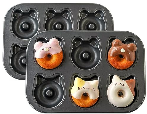 Sinsanye 2 PCS Donut Backform, 12 Hohlräume Katze und Bärenform Donutform Kohlenstoffstahl-Donut-Form, Antihaft Donut Backblech für Kuchen, Keks, Bagels, Muffins(Schwarz)