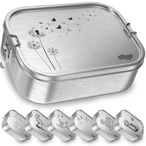 TAKWAY Edelstahl Brotdose mit Fächern 800ml – Auslaufsichere Lunchbox für Kinder & Erwachsene, Bento Box mit flexibler Unterteilung, für Kindergarten, Schule & unterwegs (Pusteblume, Trennsteg)