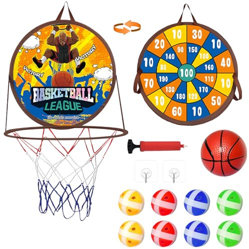 Chithor Klett Dartscheibe Kinder Mit Basketballkorb, 2 in 1 Doppelseitiges Dartscheibe und Mini Basketballkorb Spielzeug, Faltbares Indoor und Outdoor Wurfspiel für Kinder Geschenk Spielzeug