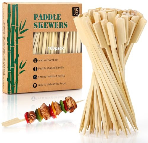 Aodaer 100 Pieces Bamboo Paddle Skewers 15CM Natural Wooden Cocktail Sticks BBQ Skewers Food Picks for Barbeque, Kebabs, Cocktails Buffet Party